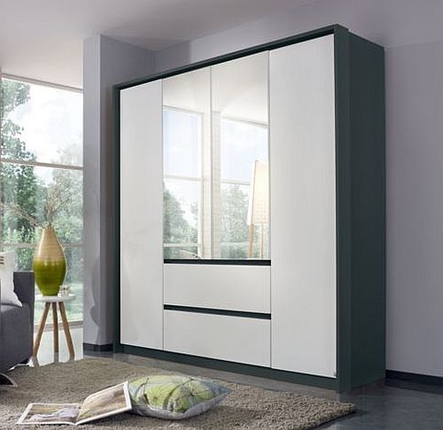 Rauch Mainz Metallic Grey And Alpine White 4 Door 2 Drawer Combi Wardrobe With 2 Mirror Front 181cm