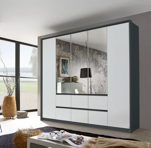 Rauch Mainz Metallic Grey And Alpine White 5 Door 6 Drawer Combi Wardrobe With 3 Mirror Front 226cm