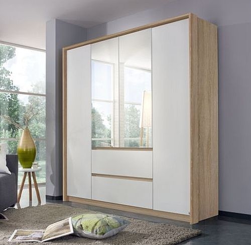 Rauch Mainz Sonoma Oak And Alpine White 4 Door 2 Drawer Combi Wardrobe With 2 Mirror Front 181cm