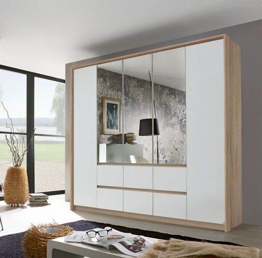 Rauch Mainz Sonoma Oak And Alpine White 5 Door 6 Drawer Combi Wardrobe With 3 Mirror Front 226cm