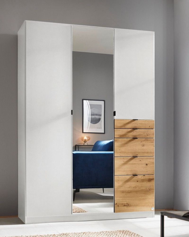 Rauch Ontario Alpine White And Artisan Oak 3 Door 5 Drawer Combi Wardrobe With 1 Mirror Front 136cm