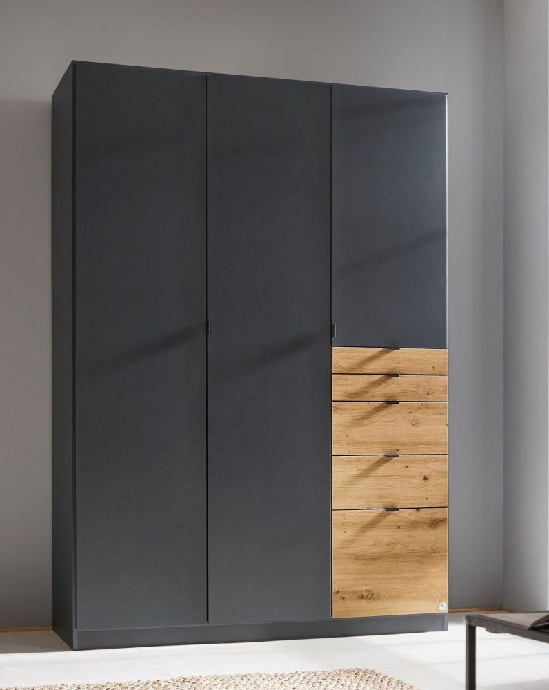 Rauch Ontario Metallic Grey And Artisan Oak 3 Door 5 Drawer Combi Wardrobe 136cm