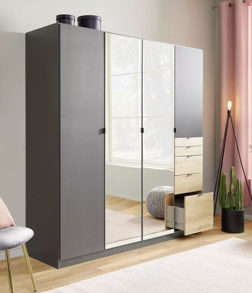 Rauch Ontario Metallic Grey And Artisan Oak 4 Door 5 Drawer Combi Wardrobe With 2 Mirror Front 181cm