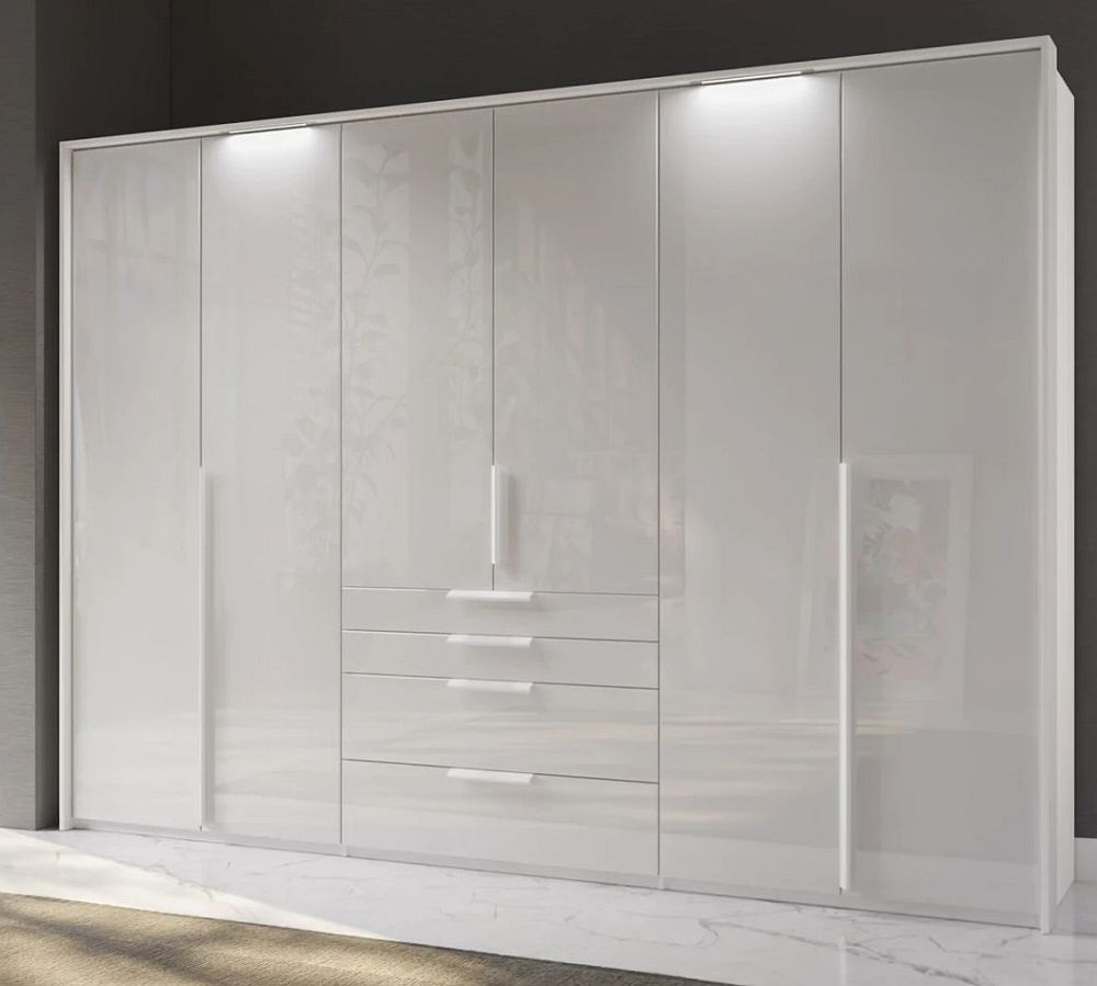 Rauch Purisma Alpine White 6 Door 4 Drawer Combi Wardrobe With Crystal White Glass Front 301cm