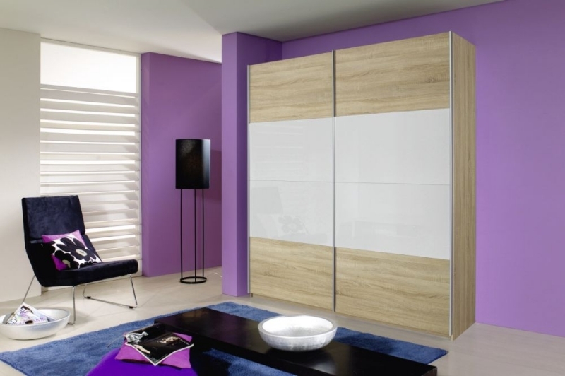 Rauch Quadra 2 Door Sliding Wardrobe In Oak And White Glass W 181cm