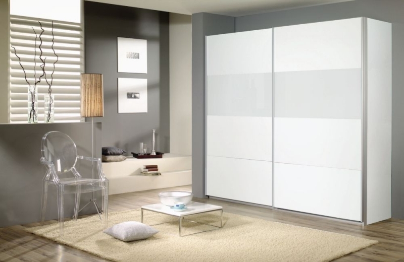Rauch Quadra 2 Door Sliding Wardrobe In White And Silk Grey Glass W 226cm