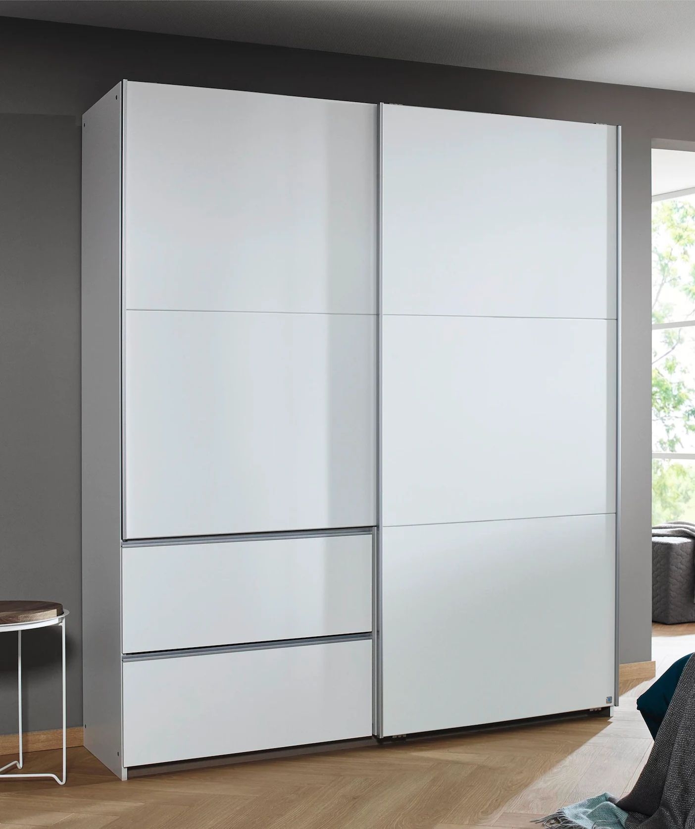 Rauch Sevilla Alpine White 2 Door 2 Drawer Combi Sliding Wardrobe With Aluminium Handle Strips 175cm