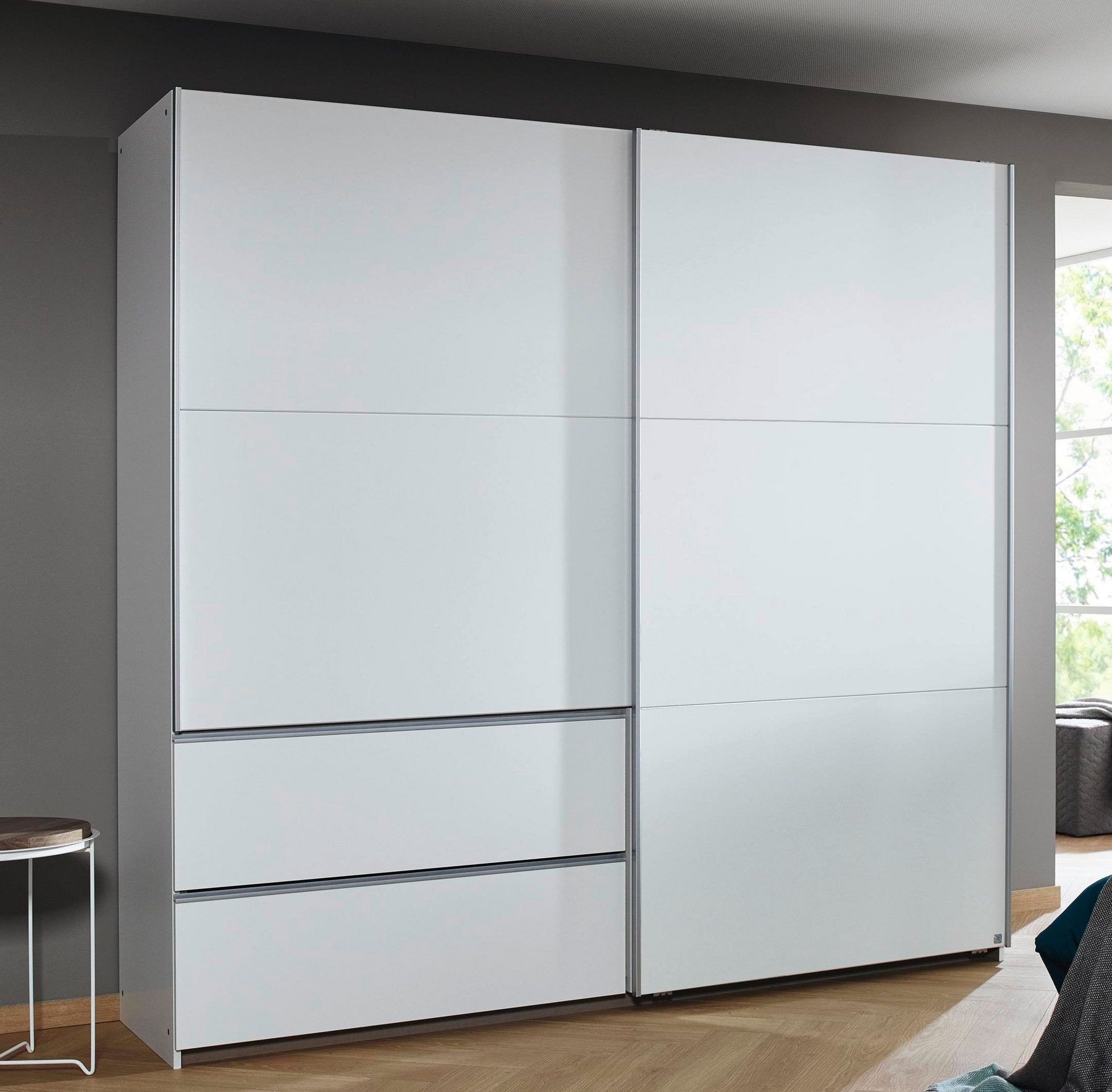 Rauch Sevilla Alpine White 2 Door 2 Drawer Combi Sliding Wardrobe With Aluminium Handle Strips 218cm