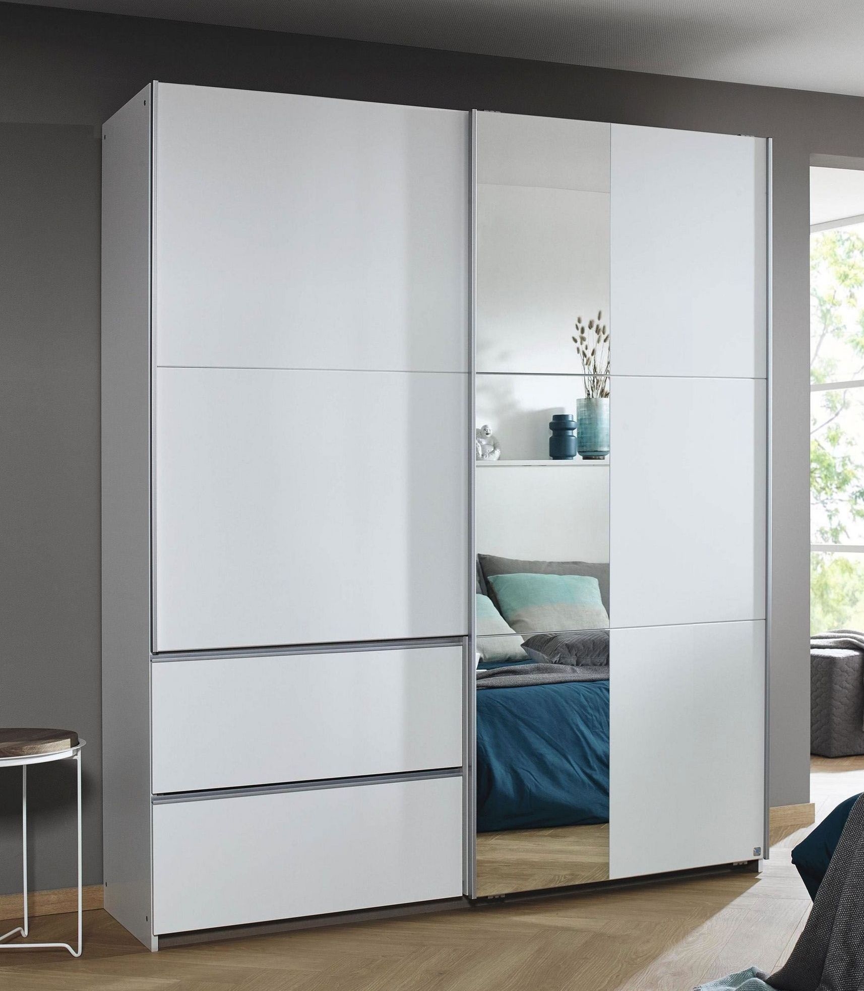 Rauch Sevilla Alpine White 2 Door 2 Drawer Combi Sliding Wardrobe With Aluminium Handle Strips And Mirror Panel 175cm