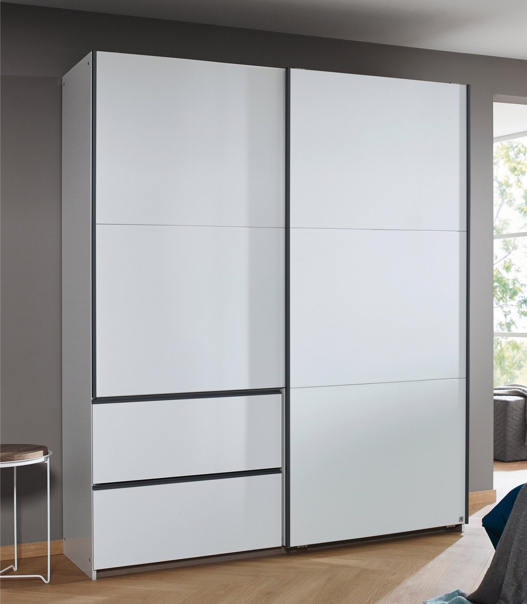 Rauch Sevilla Alpine White 2 Door 2 Drawer Combi Sliding Wardrobe With Metallic Grey Handle Strips 175cm