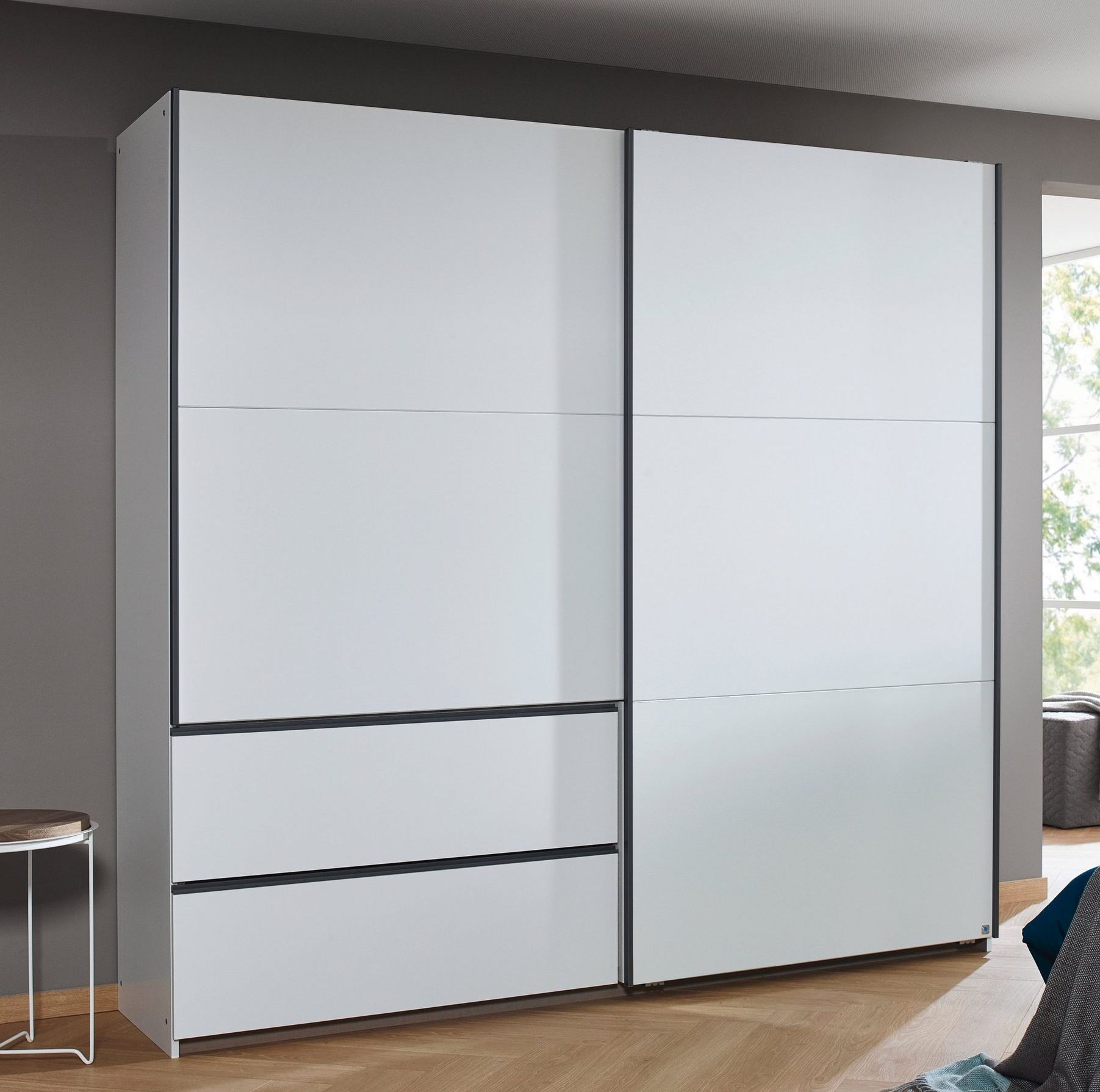 Rauch Sevilla Alpine White 2 Door 2 Drawer Combi Sliding Wardrobe With Metallic Grey Handle Strips 218cm