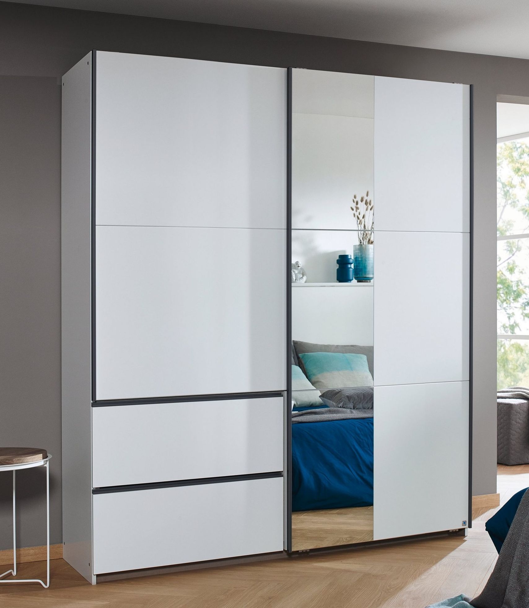 Rauch Sevilla Alpine White 2 Door 2 Drawer Combi Sliding Wardrobe With Metallic Grey Handle Strips And Mirror Panel 175cm