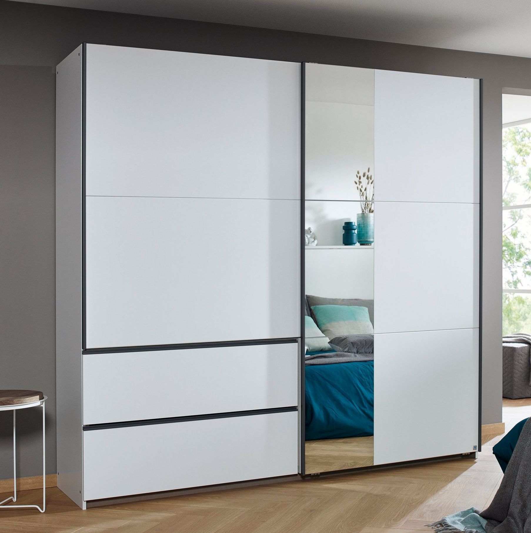 Rauch Sevilla Alpine White 2 Door 2 Drawer Combi Sliding Wardrobe With Metallic Grey Handle Strips And Mirror Panel 218cm