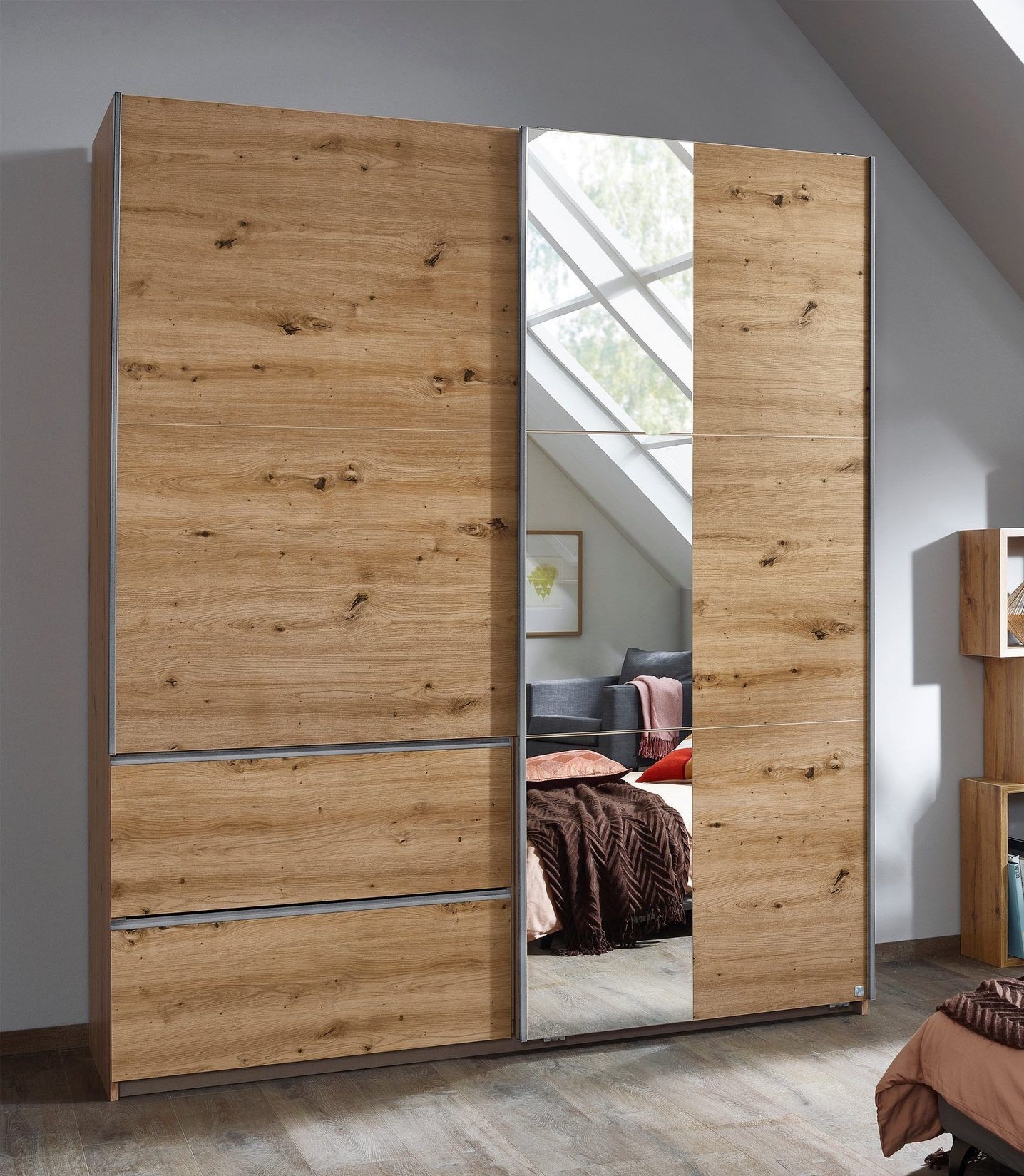 Rauch Sevilla Artisan Oak 2 Door 2 Drawer Combi Sliding Wardrobe With Aluminium Handle Strips And Mirror Panel 175cm