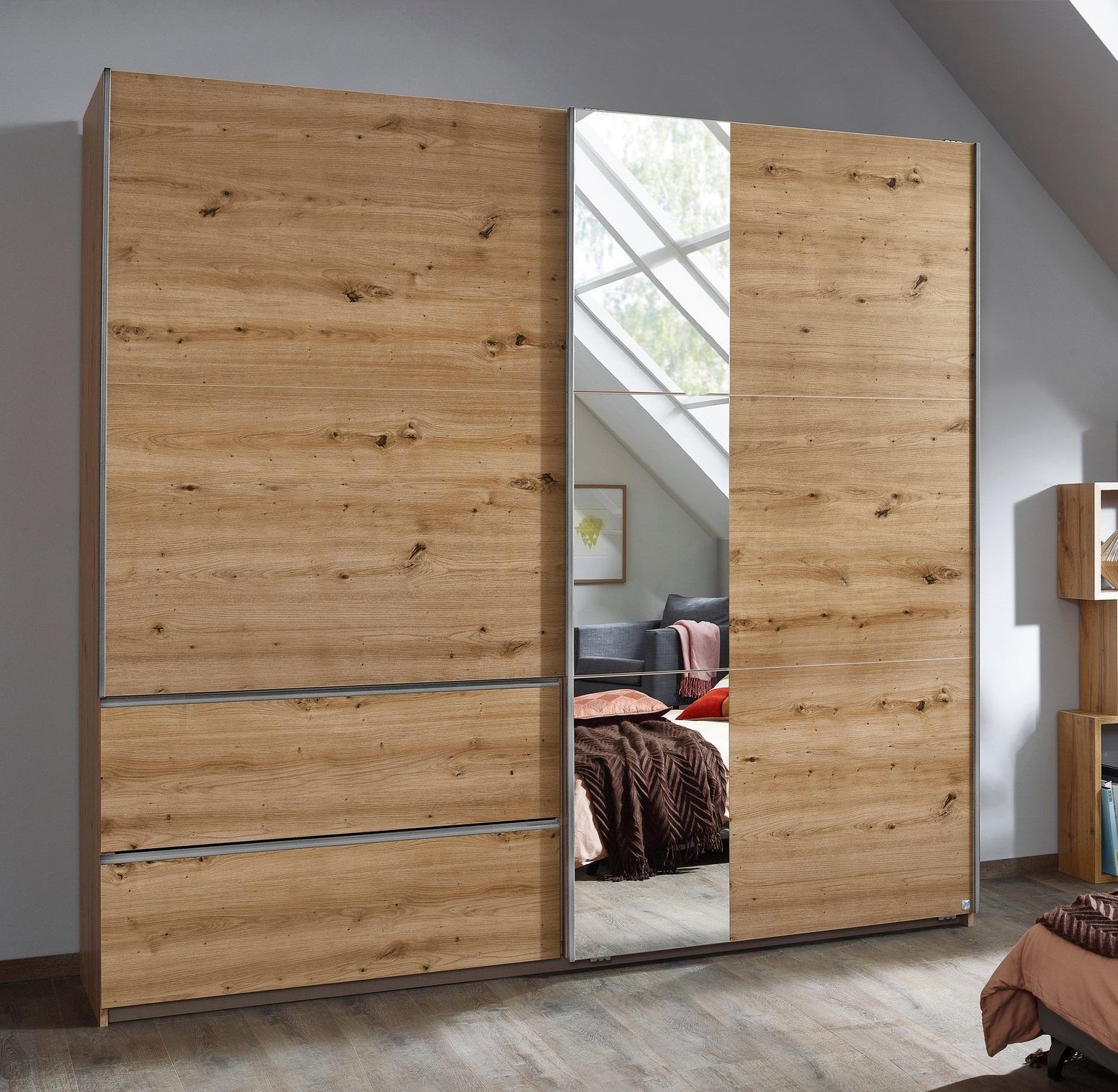 Rauch Sevilla Artisan Oak 2 Door 2 Drawer Combi Sliding Wardrobe With Aluminium Handle Strips And Mirror Panel 218cm