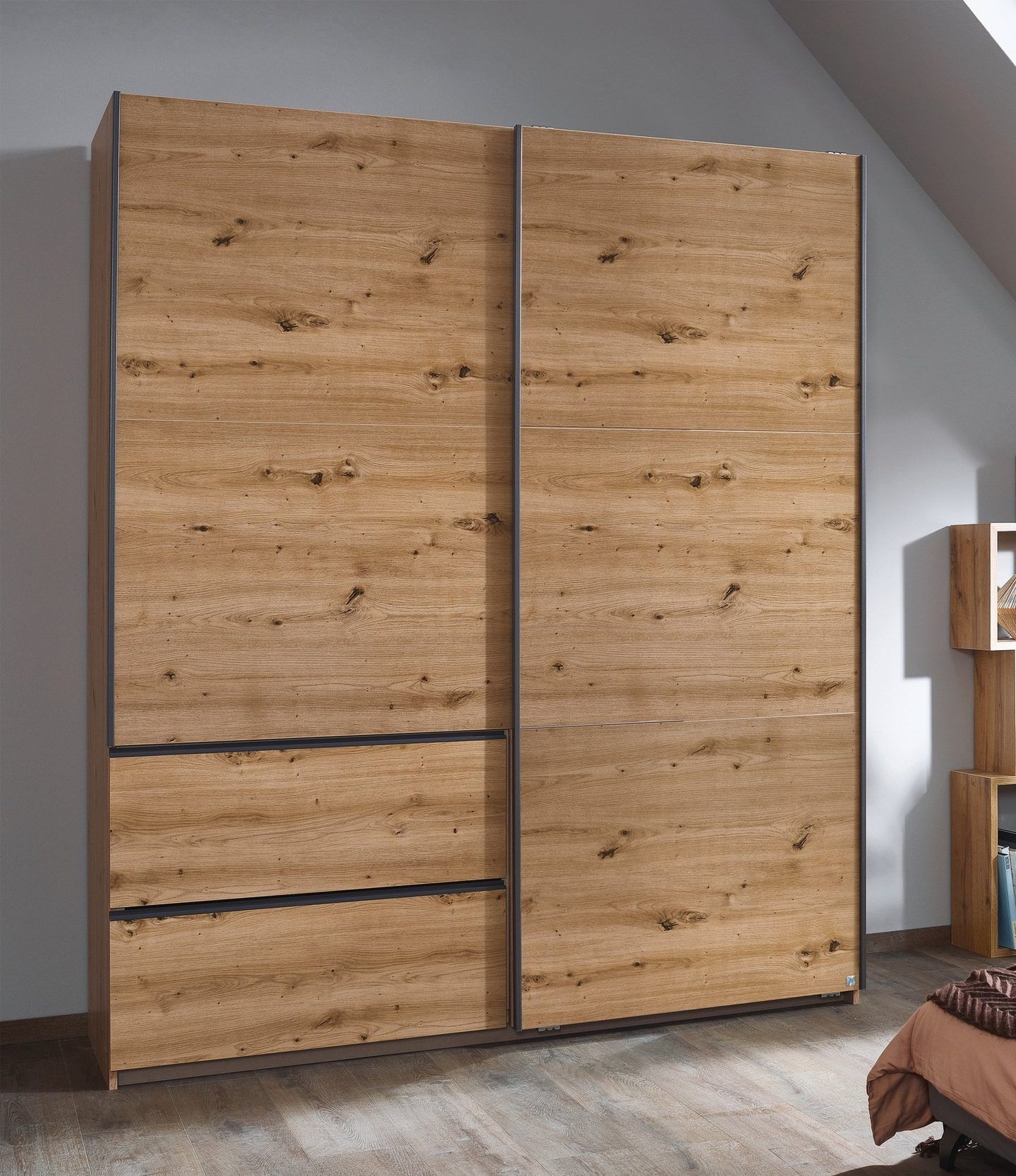 Rauch Sevilla Artisan Oak 2 Door 2 Drawer Combi Sliding Wardrobe With Metallic Grey Handle Strips 175cm