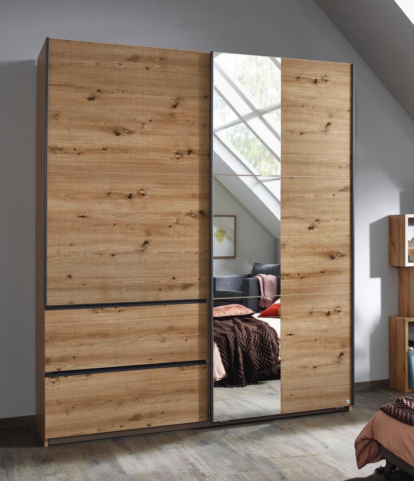 Rauch Sevilla Artisan Oak 2 Door 2 Drawer Combi Sliding Wardrobe With Metallic Grey Handle Strips And Mirror Panel 175cm