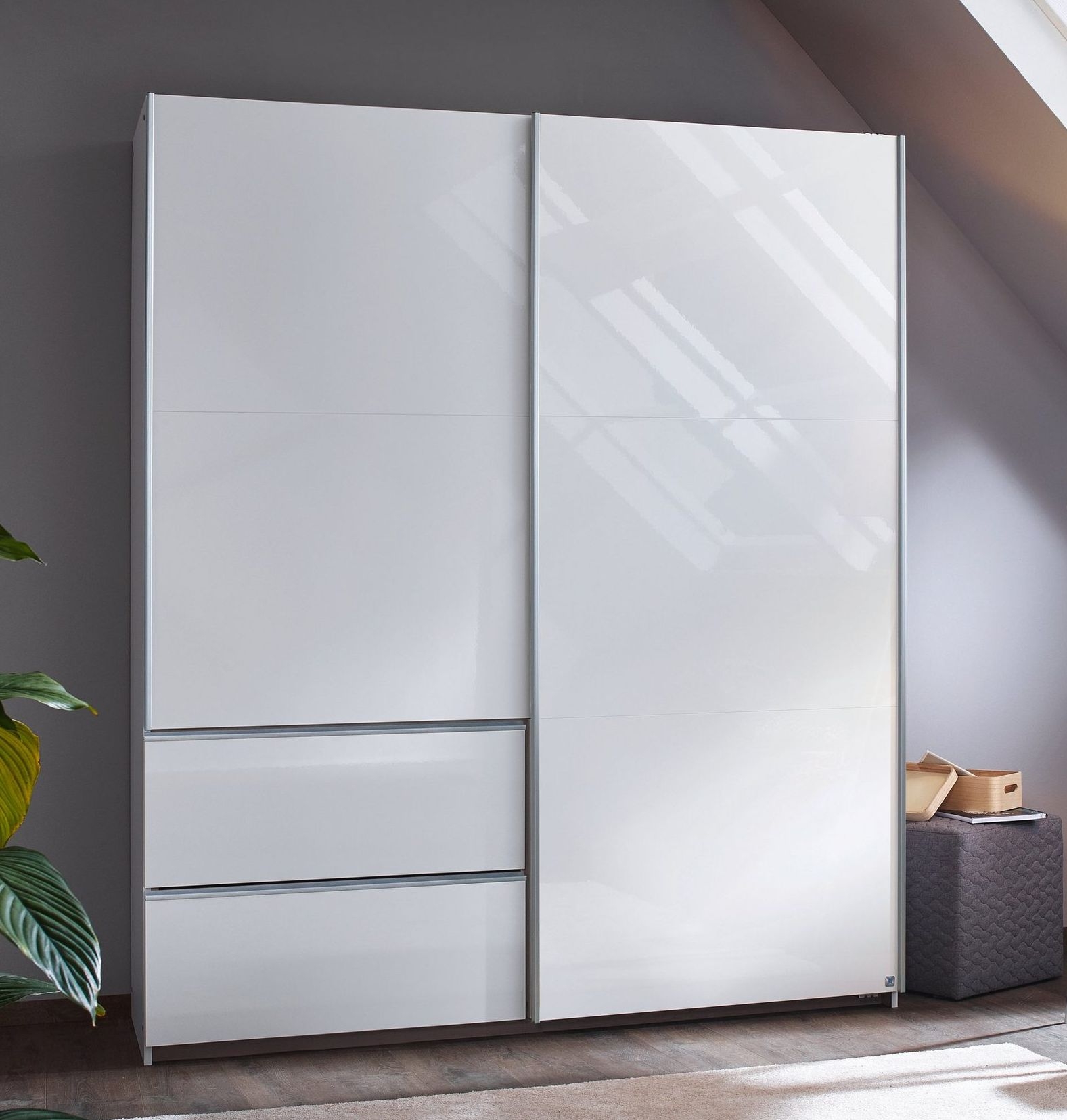 Rauch Sevilla High Gloss Alpine White 2 Door 2 Drawer Combi Sliding Wardrobe With Aluminium Handle Strips 175cm