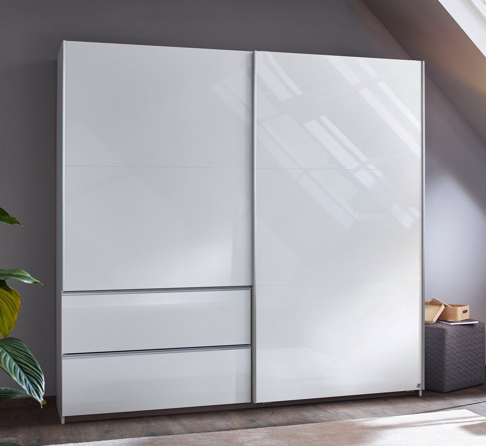 Rauch Sevilla High Gloss Alpine White 2 Door 2 Drawer Combi Sliding Wardrobe With Aluminium Handle Strips 218cm