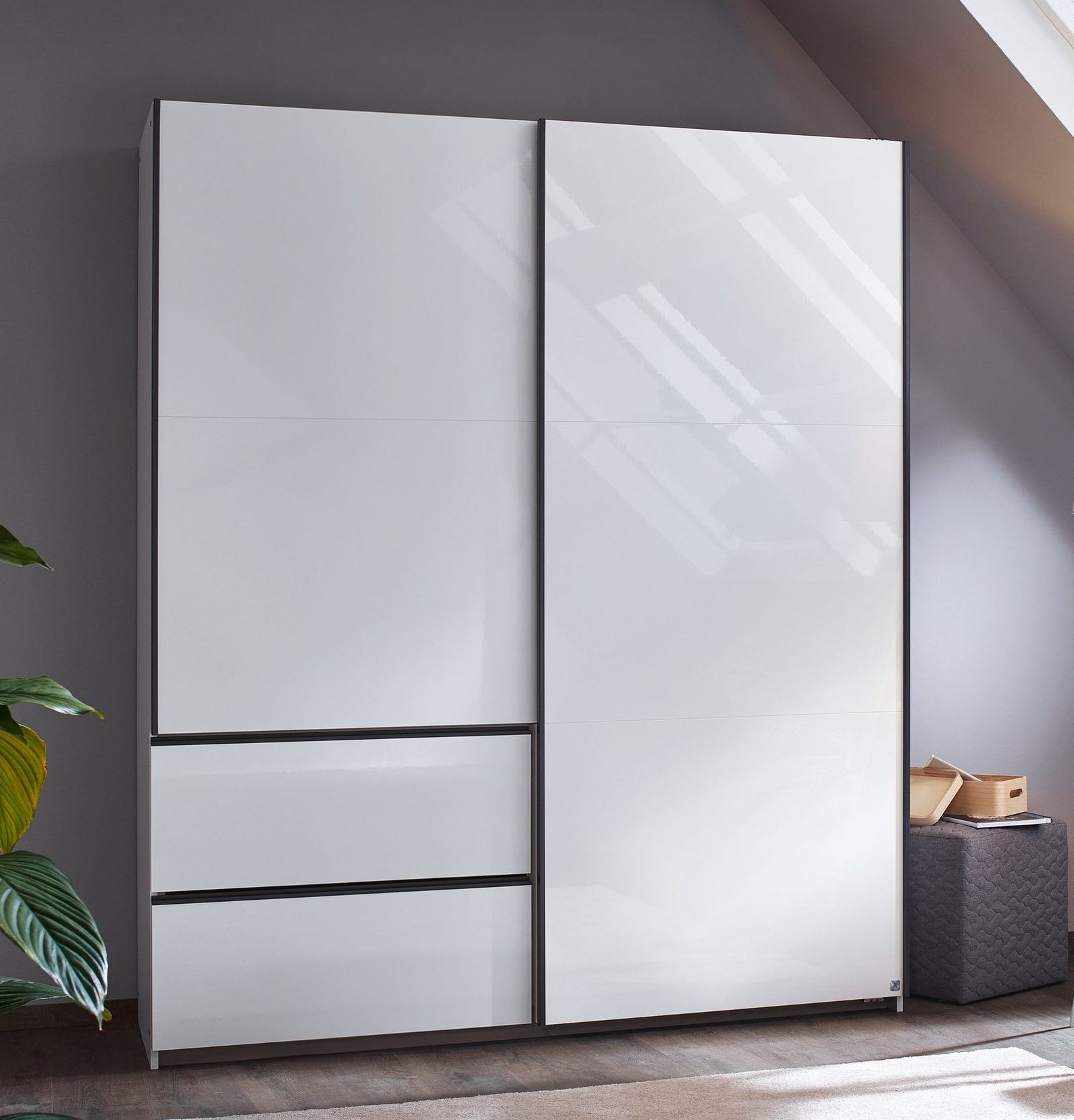 Rauch Sevilla High Gloss Alpine White 2 Door 2 Drawer Combi Sliding Wardrobe With Metallic Grey Handle Strips 175cm