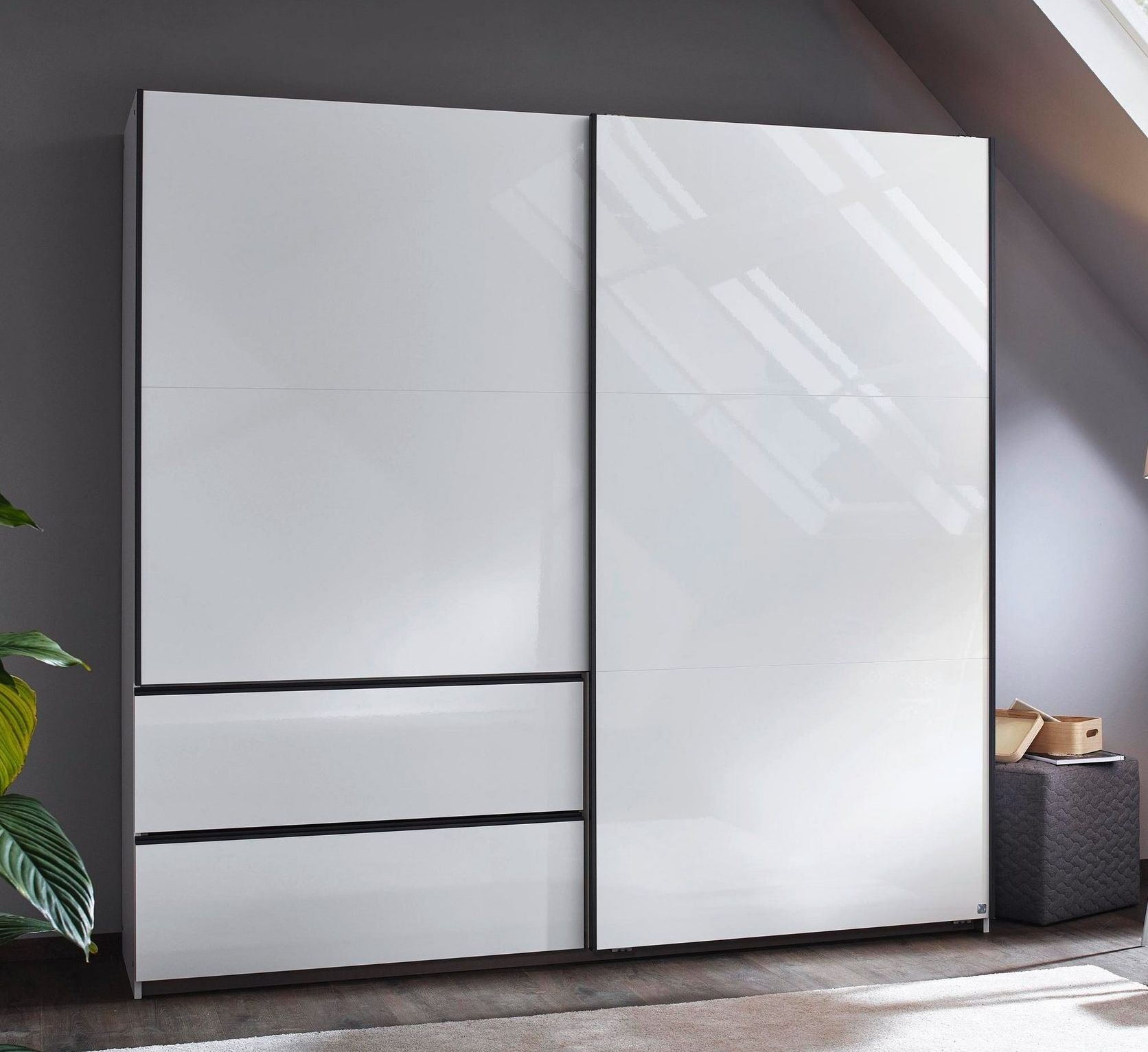 Rauch Sevilla High Gloss Alpine White 2 Door 2 Drawer Combi Sliding Wardrobe With Metallic Grey Handle Strips 218cm