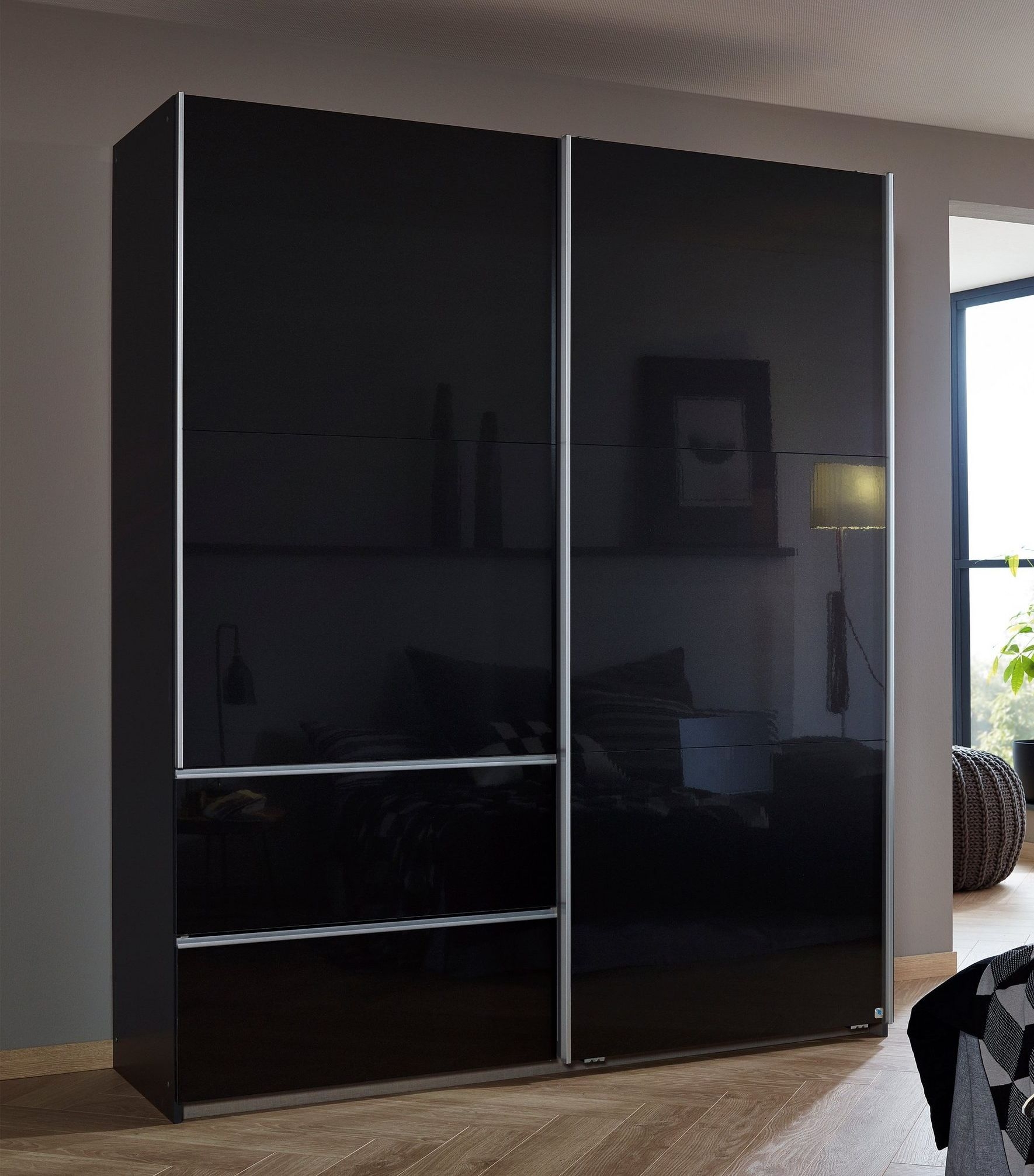 Rauch Sevilla High Gloss Metallic Grey 2 Door 2 Drawer Combi Sliding Wardrobe With Aluminium Handle Strips 175cm