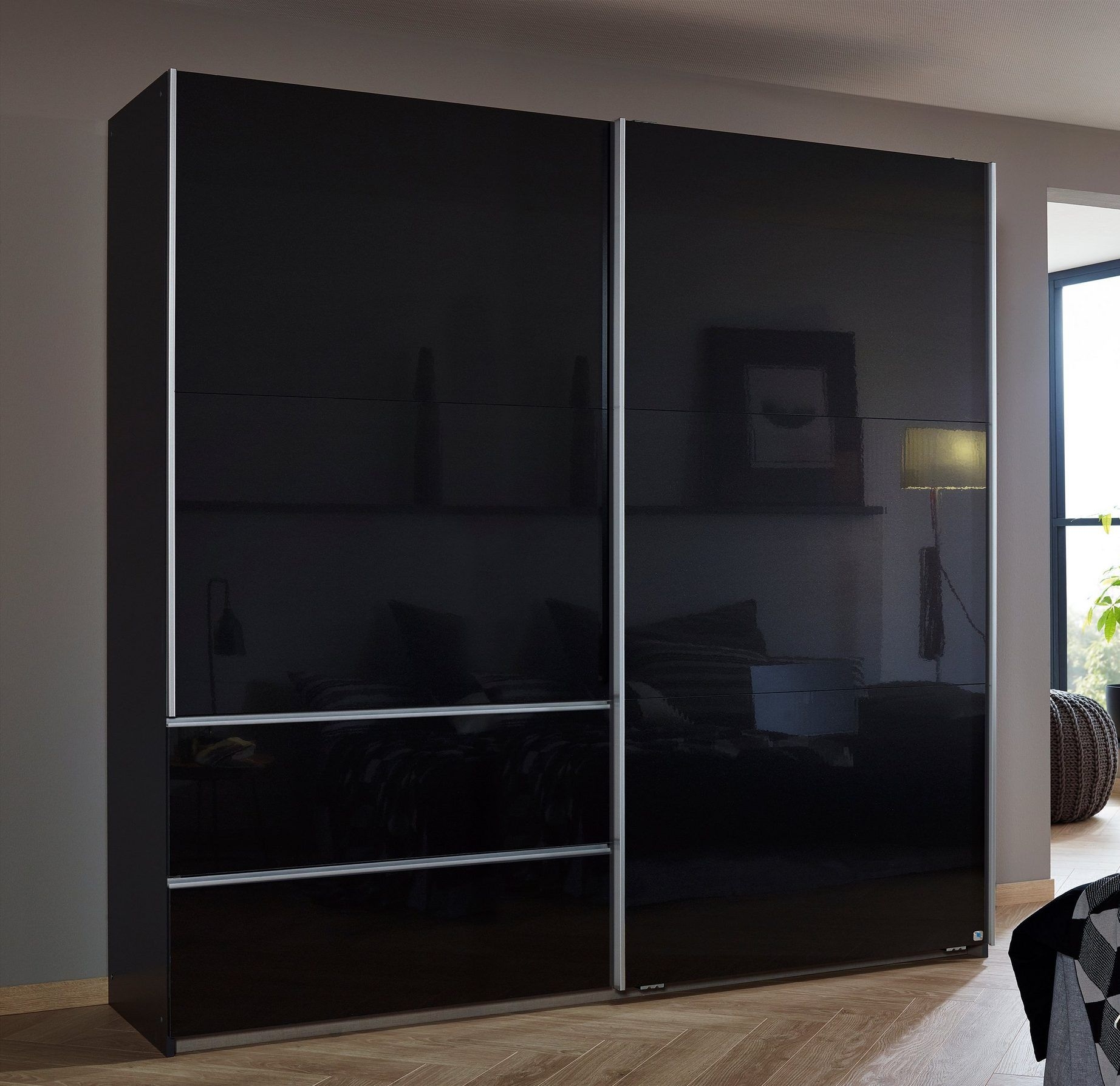 Rauch Sevilla High Gloss Metallic Grey 2 Door 2 Drawer Combi Sliding Wardrobe With Aluminium Handle Strips 218cm