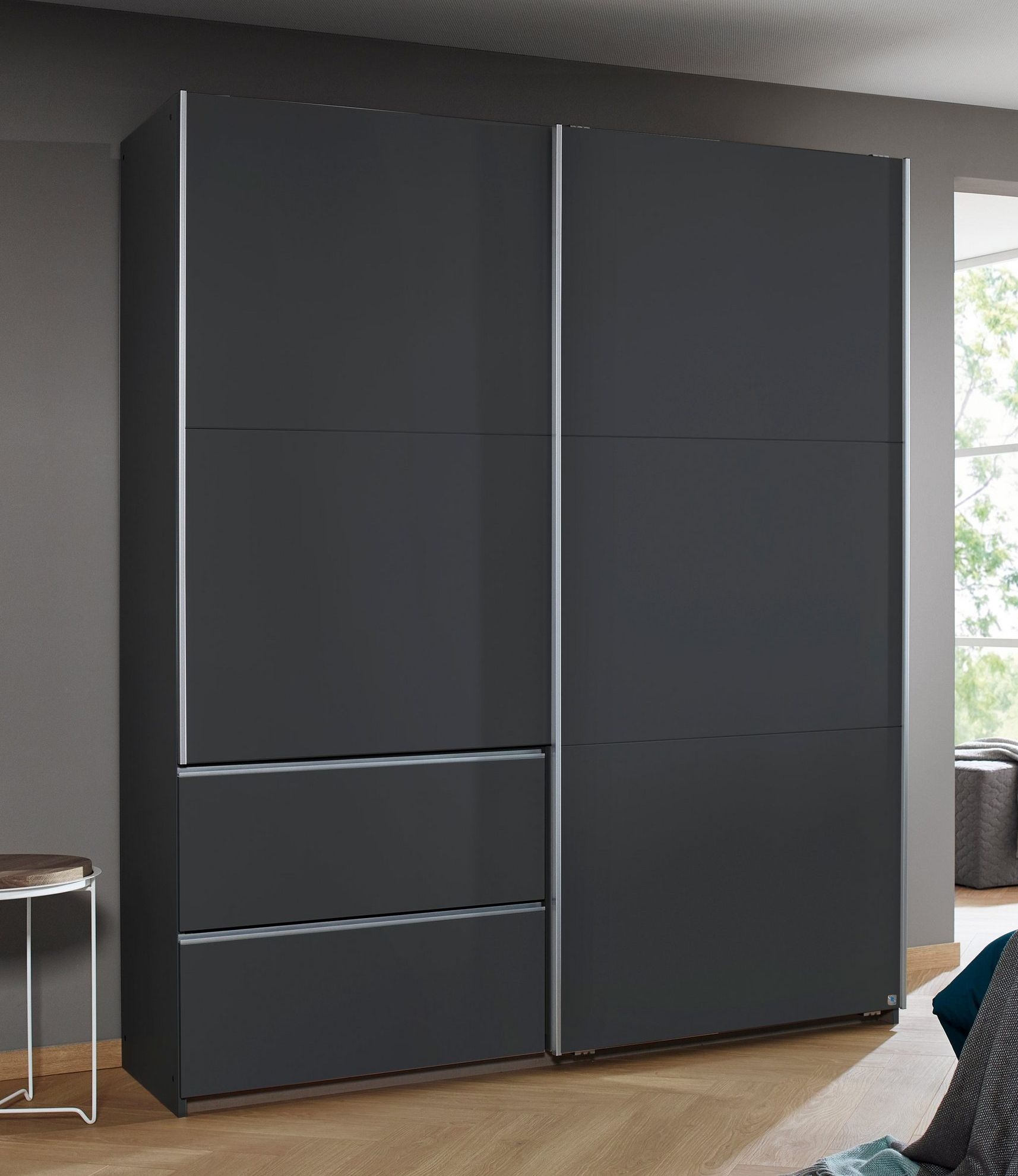 Rauch Sevilla Metallic Grey 2 Door 2 Drawer Combi Sliding Wardrobe With Aluminium Handle Strips 175cm