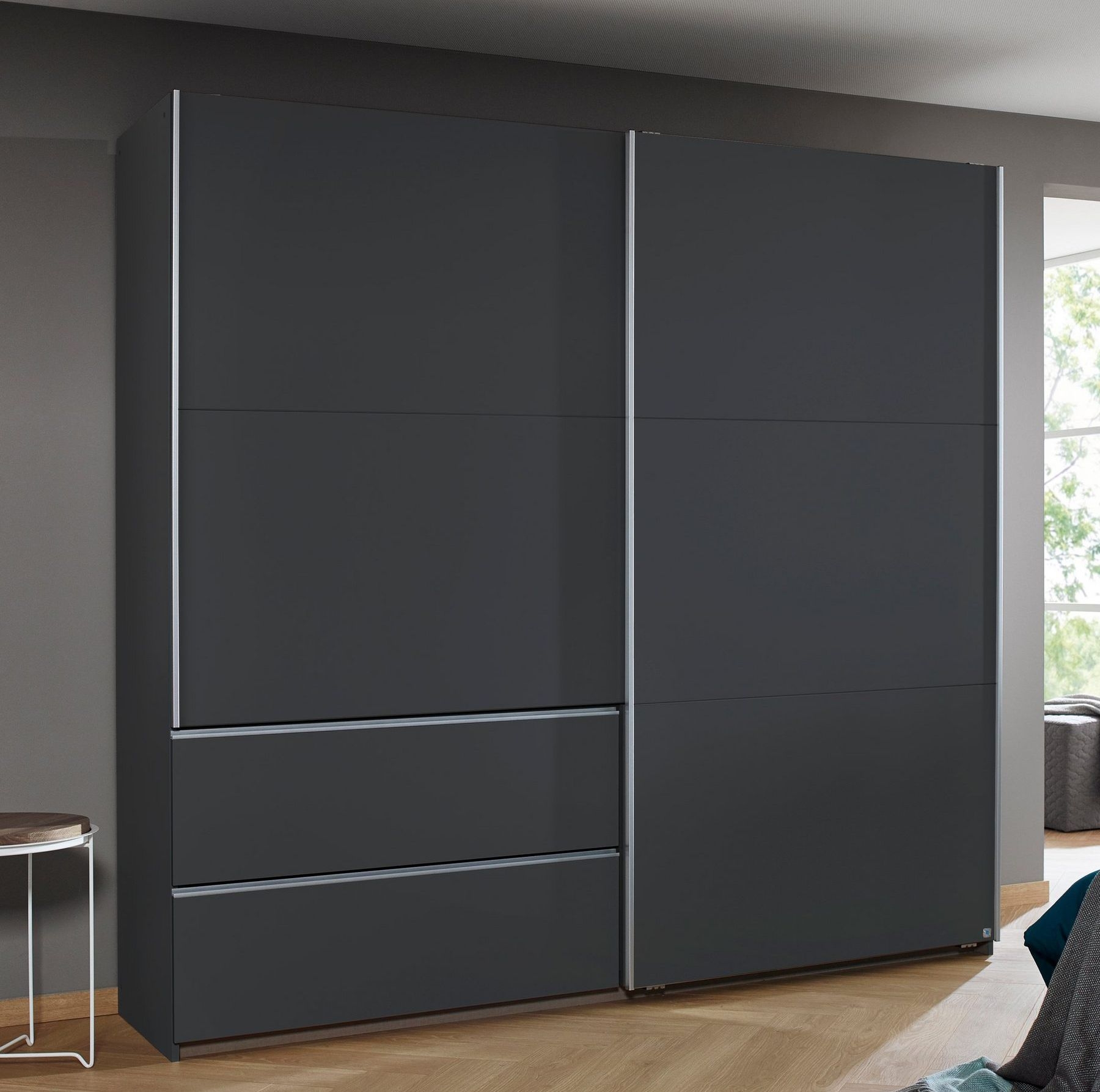 Rauch Sevilla Metallic Grey 2 Door 2 Drawer Combi Sliding Wardrobe With Aluminium Handle Strips 218cm