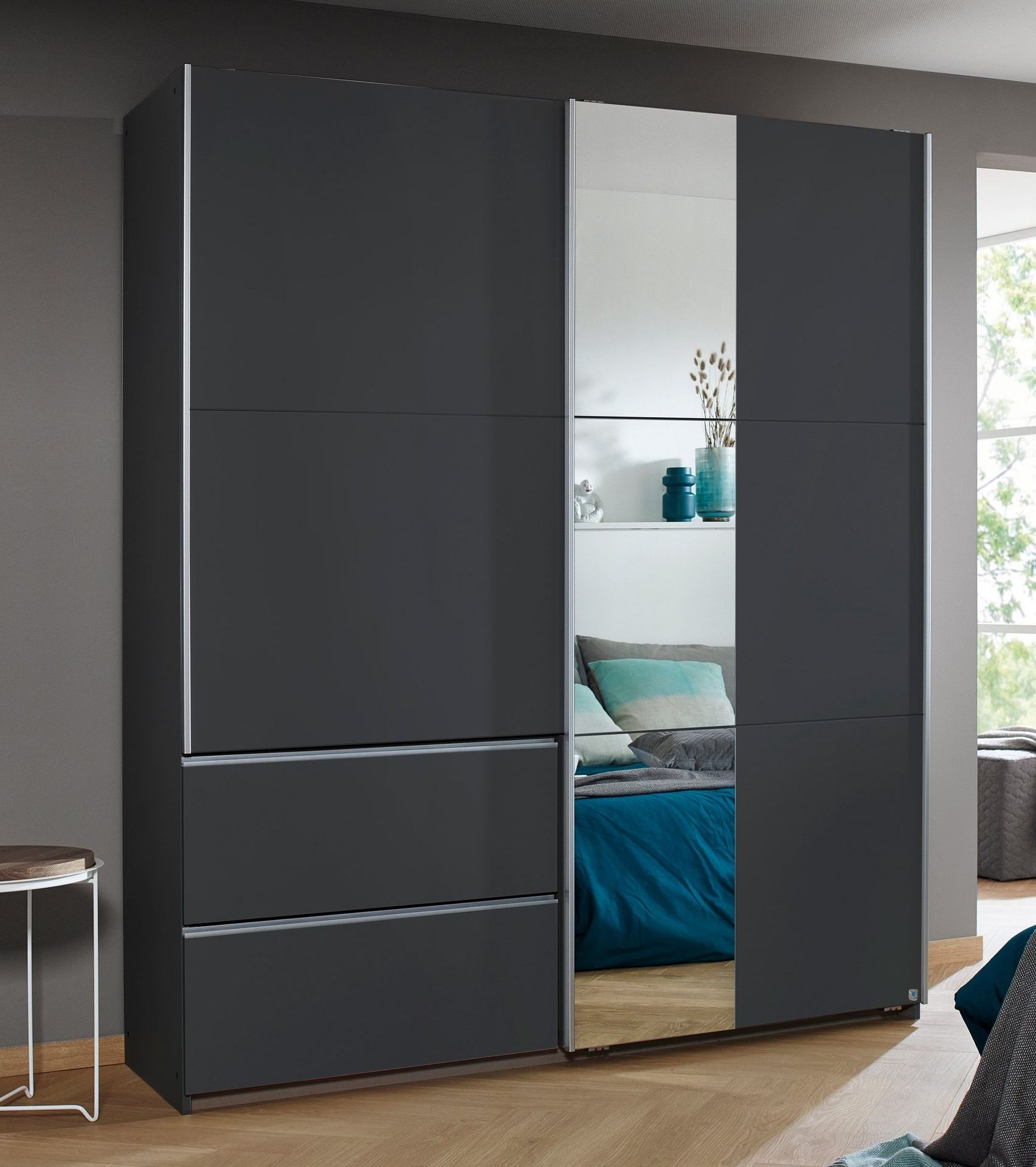 Rauch Sevilla Metallic Grey 2 Door 2 Drawer Combi Sliding Wardrobe With Aluminium Handle Strips And Mirror Panel 175cm