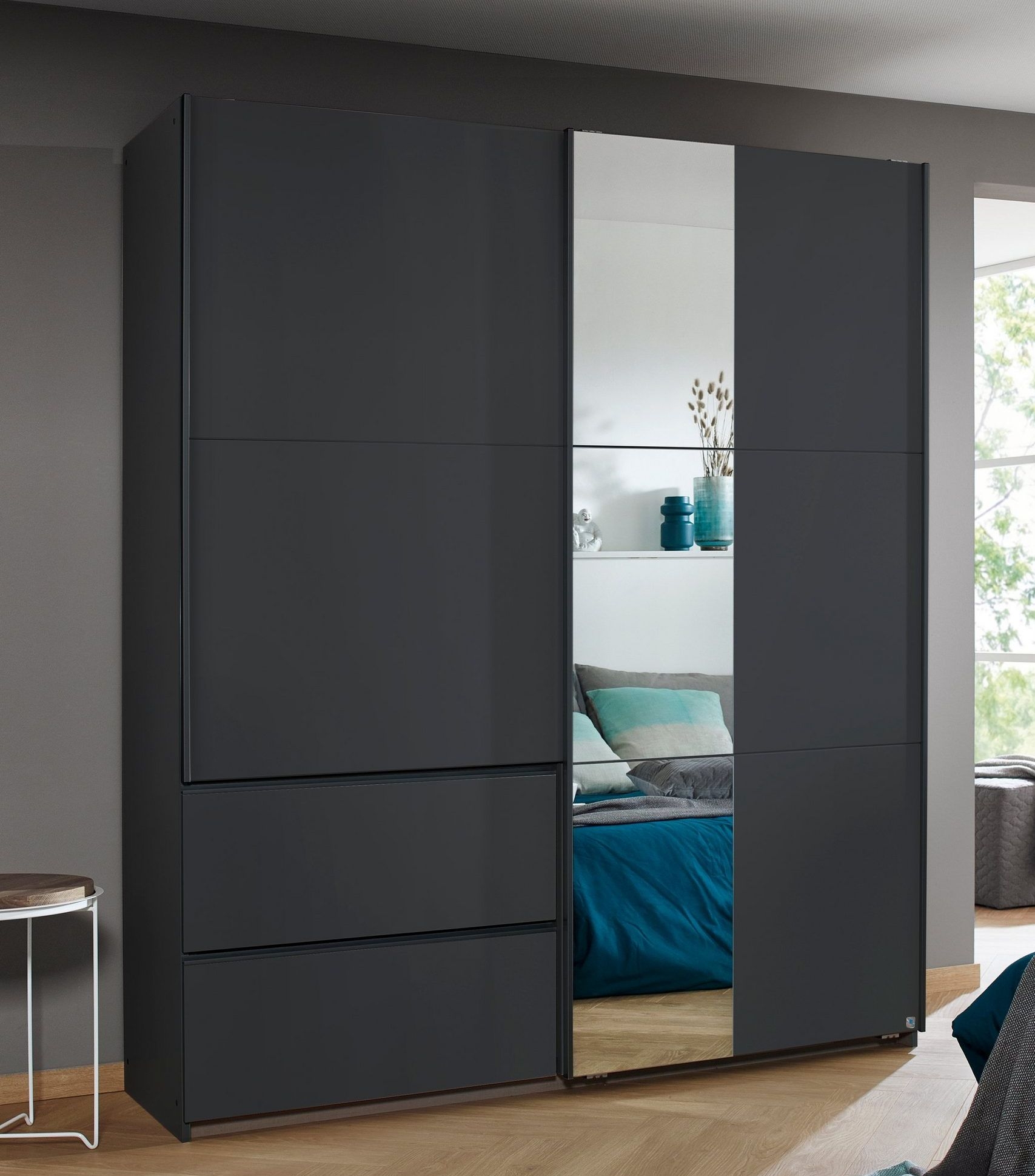 Rauch Sevilla Metallic Grey 2 Door 2 Drawer Combi Sliding Wardrobe With Mirror Panel 175cm