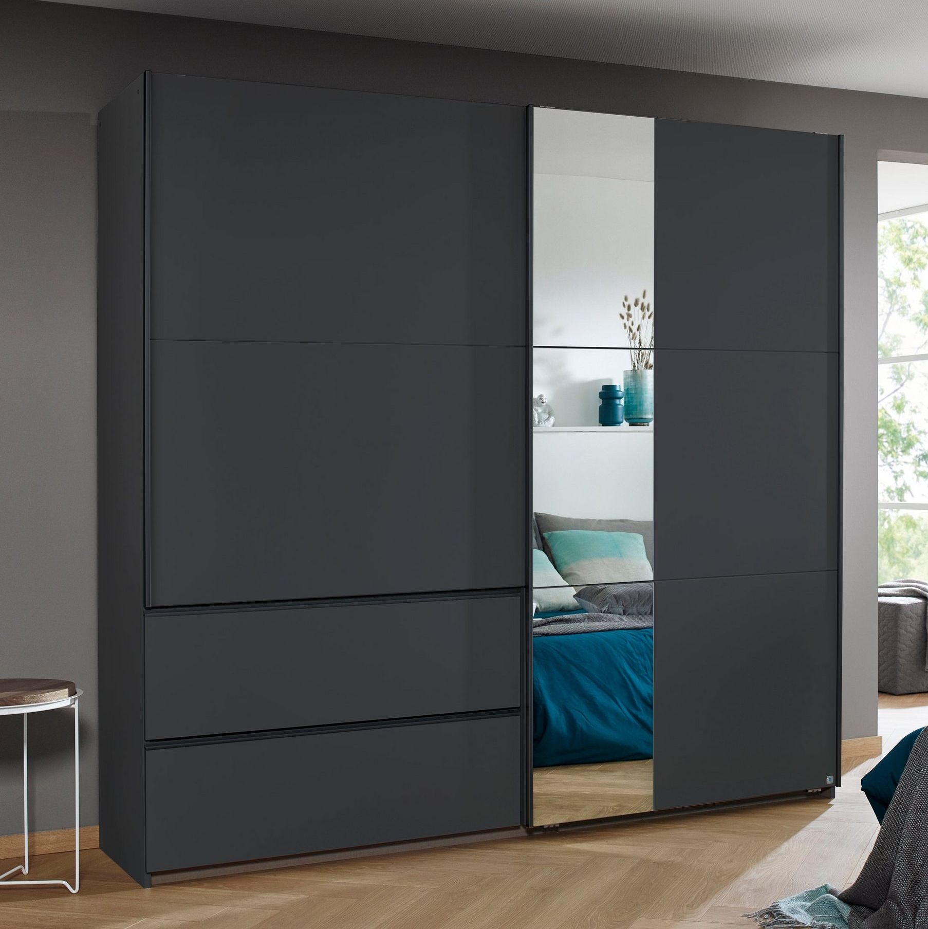 Rauch Sevilla Metallic Grey 2 Door 2 Drawer Combi Sliding Wardrobe With Mirror Panel 218cm