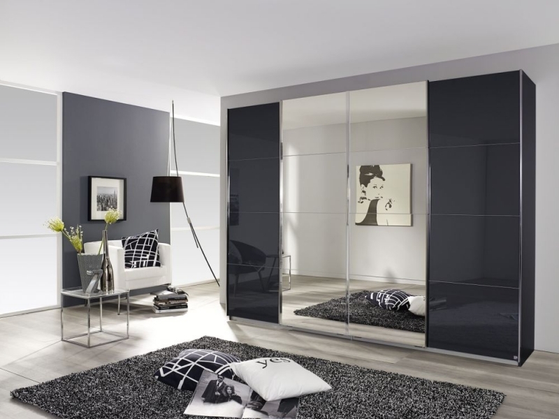 Rauch Syncrono 4 Door Mirror Sliding Wardrobe In Metallic Grey And Black Glass W 361cm