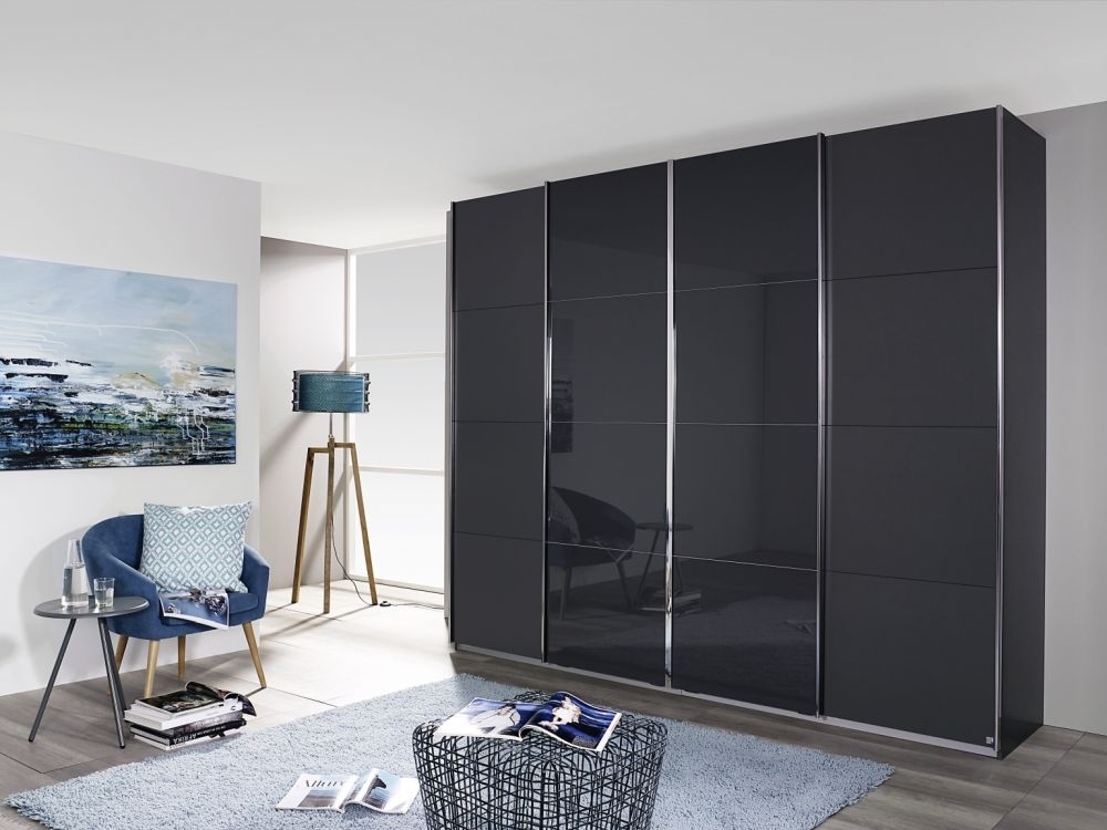 Rauch Syncrono 4 Door Sliding Wardrobe In Metallic Grey And Basalt Glass W 316cm