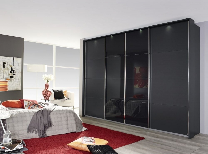 Rauch Syncrono 4 Door Sliding Wardrobe In Metallic Grey And Basalt Glass W 361cm