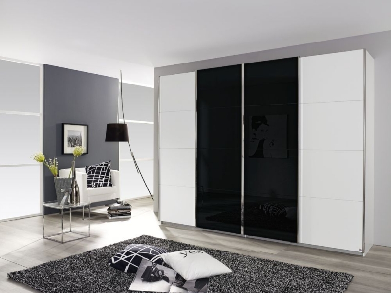 Rauch Syncrono 4 Door Sliding Wardrobe In White And Black Glass W 316cm