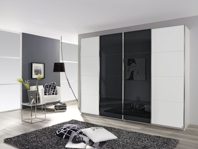 Rauch Syncrono 4 Door Sliding Wardrobe In White And Black Glass W 361cm