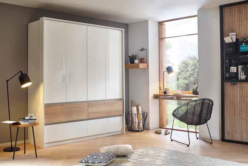 Rauch Winnipeg 4 Door 4 Drawer Combi Wardrobe In Alpine White And High Polish White With Halifax Oak W 181cm