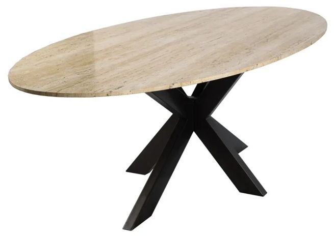 Avalon Travertine Stone And Black 230cm Oval Dining Table With Spider Legs