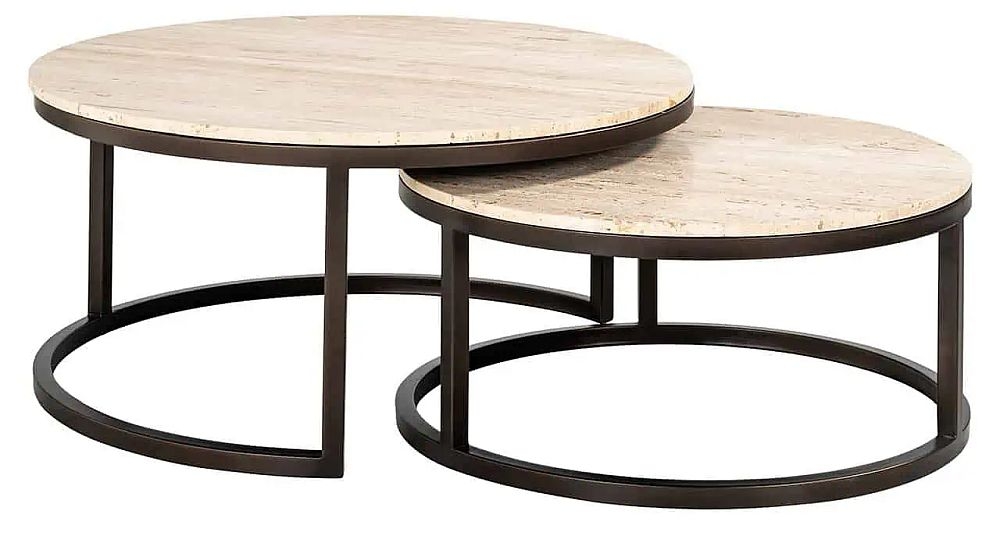 Avalon Travertine Stone And Black Round Coffee Table Set Of 2