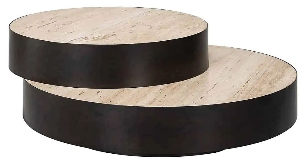 Avalon Travertine Stone And Black Round Layered Coffee Table