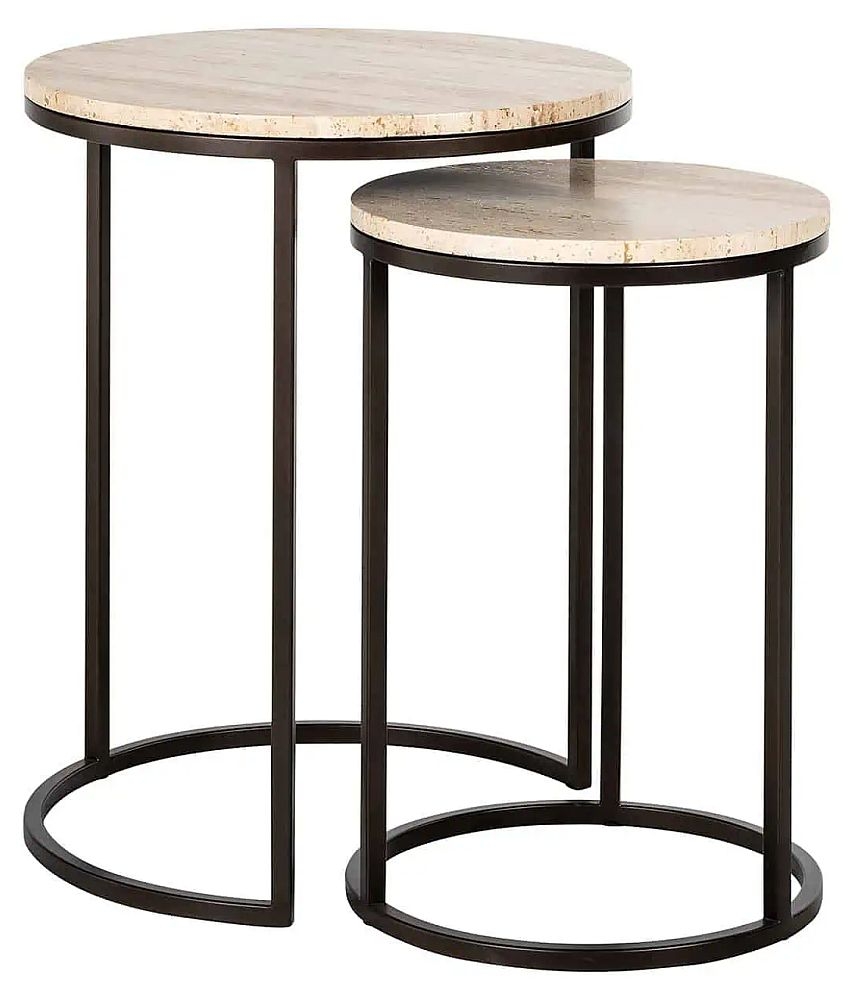 Avalon Travertine Stone And Black Round Side Table Set Of 2