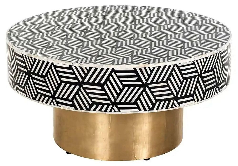 Bliss Bone Inlay Round Coffee Table With Brass Metal Base
