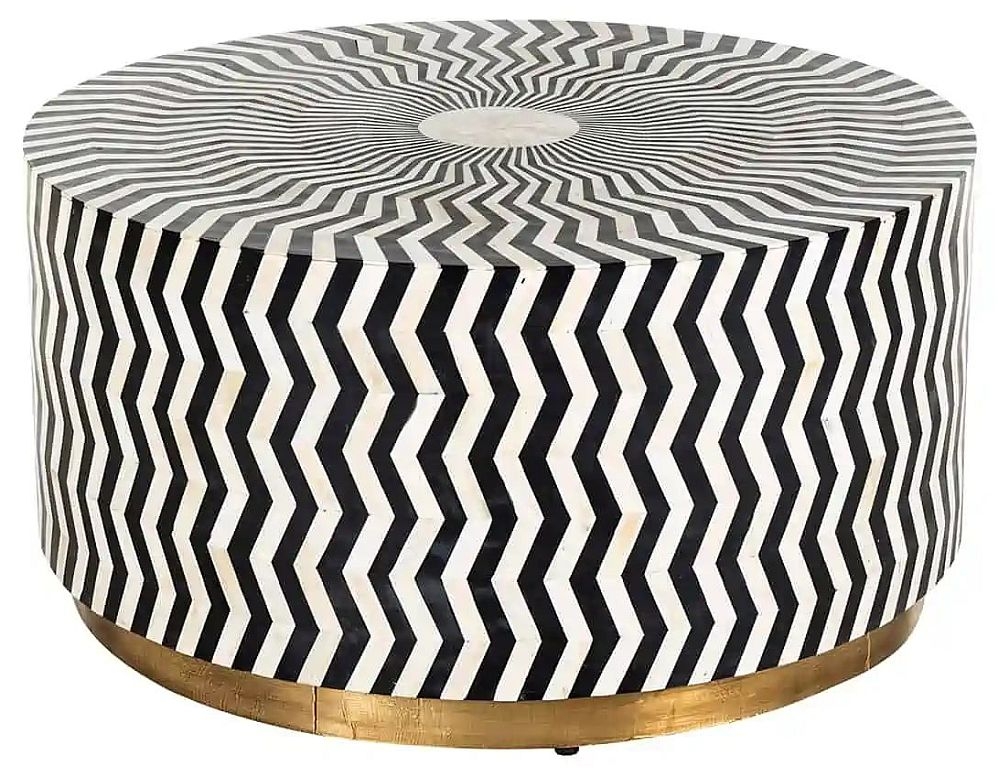 Bliss Bone Inlay Round Large Coffee Table With Brass Metal Base