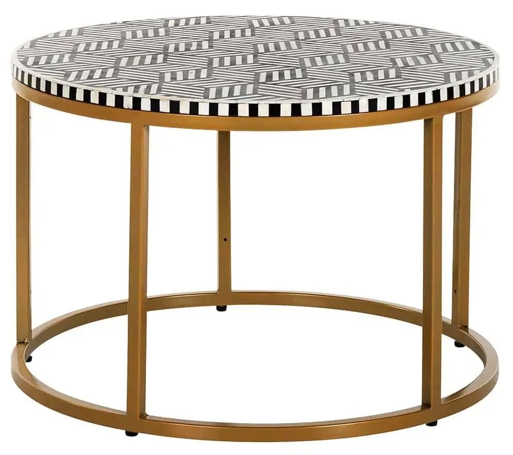 Bliss Bone Inlay Round Small Coffee Table With Brass Metal Base