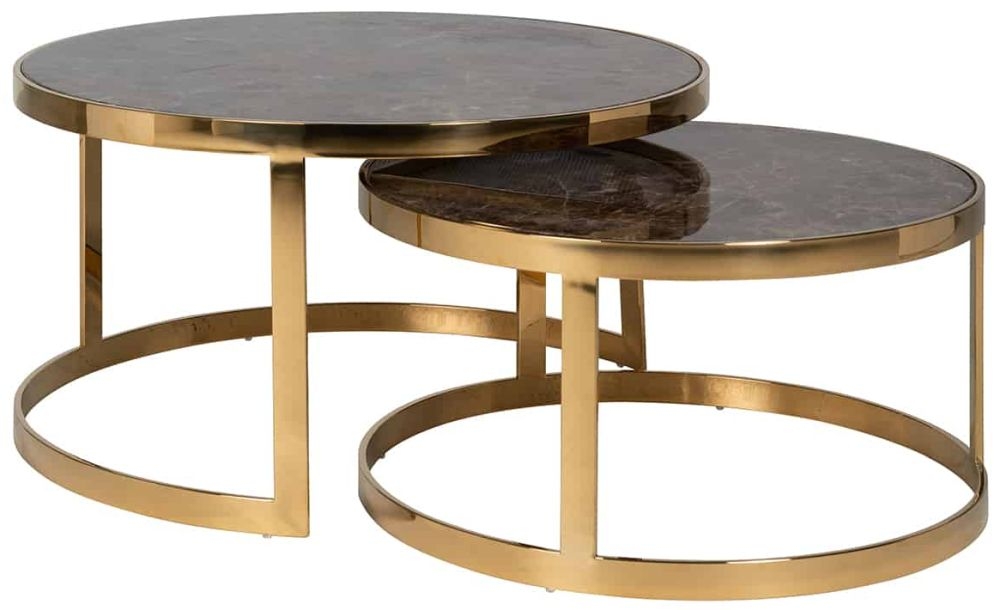 Conrad Brown Marble And Gold Round Coffee Table Set Of 2