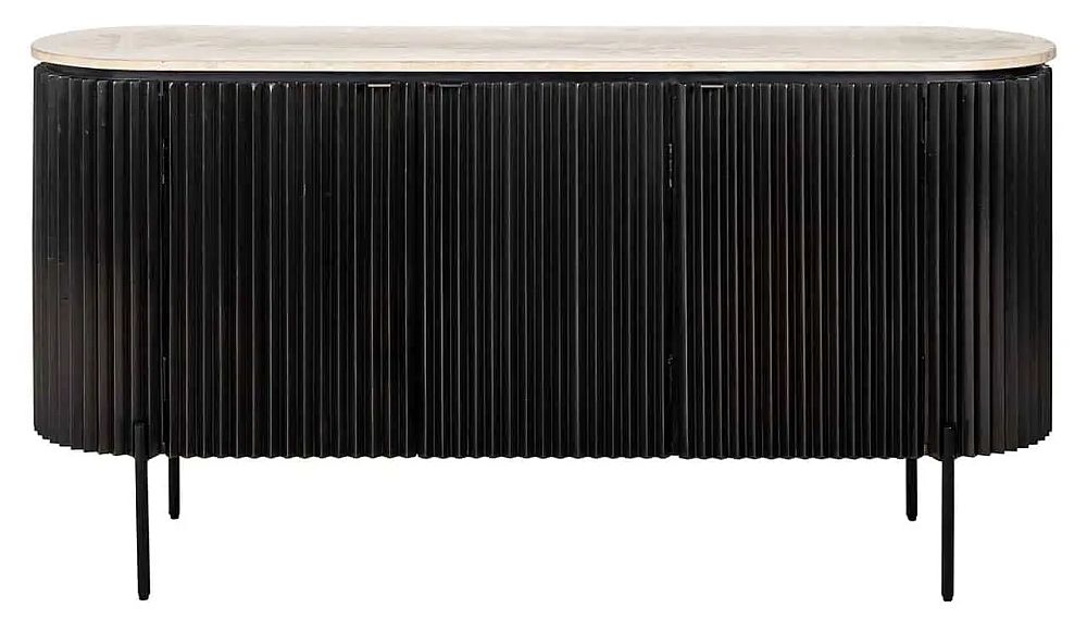 Hampton Travertine Marble And Black Fluted Ribbed 3 Door Sideboard