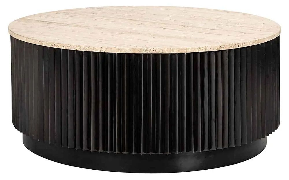 Hampton Travertine Marble And Black Fluted Ribbed Round Coffee Table