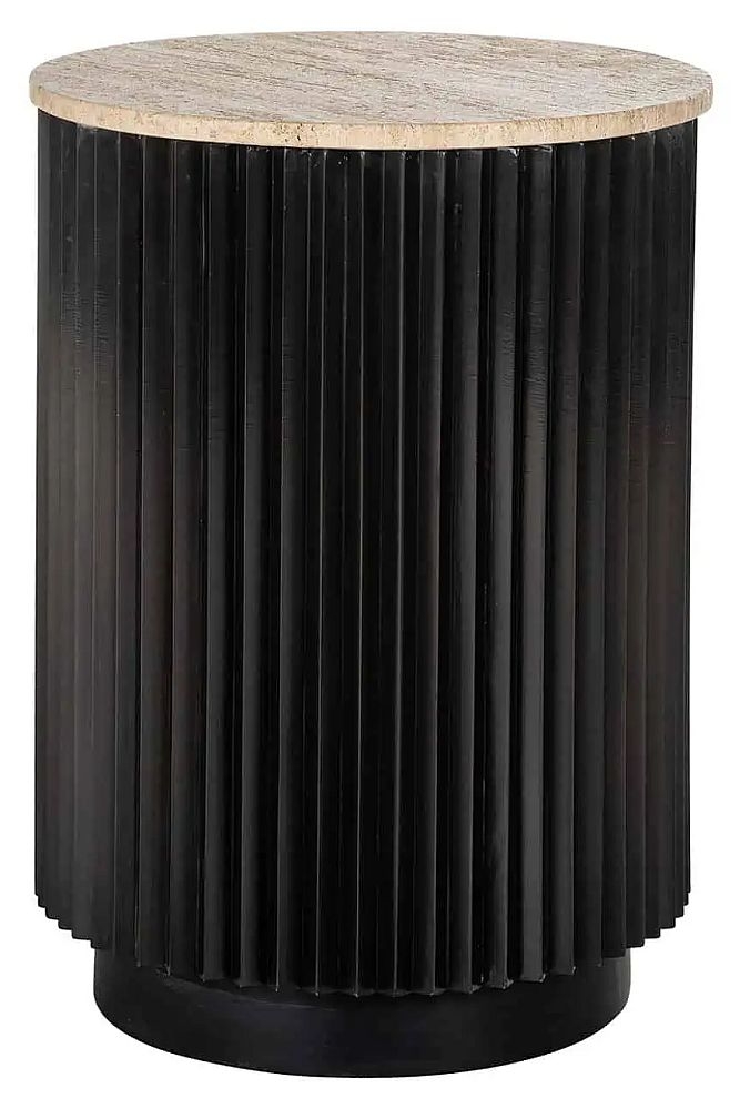 Hampton Travertine Marble And Black Fluted Ribbed Round Side Table
