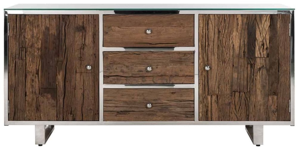 Kensington Sleeper Wood And Silver 2 Door 3 Drawer Sideboard With Glass Top